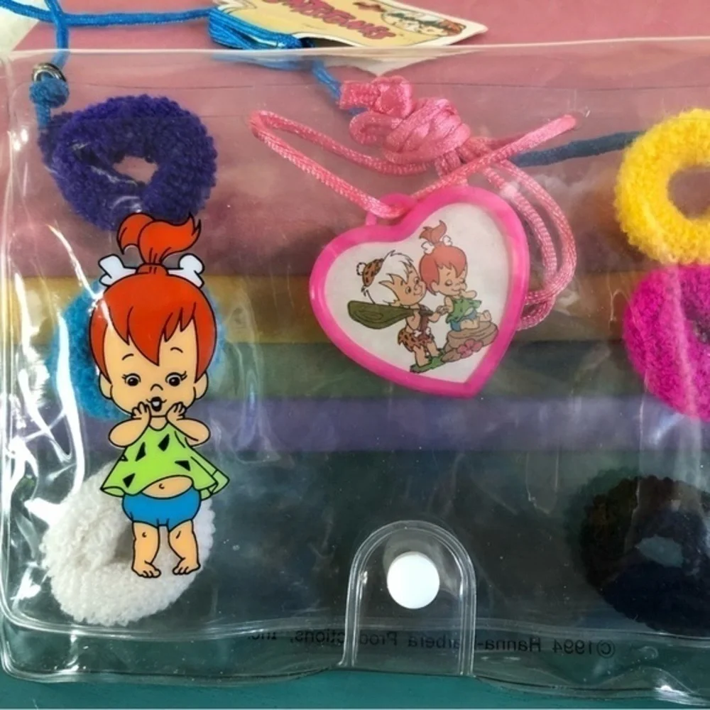 The Flintstones Pebbles Bam Bam Hair Accessories Heart Necklace Set Bag Vintage